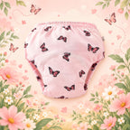 Brave Bottoms training underwear in the Butterflies print: pink butterflies on soft pink, in a flower meadow