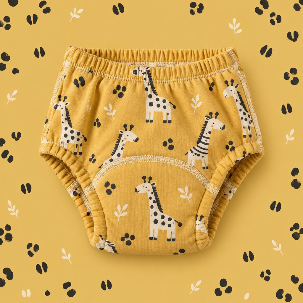 Brave Bottoms training underwear in the Giraffes print: spotted giraffes on mustard yellow