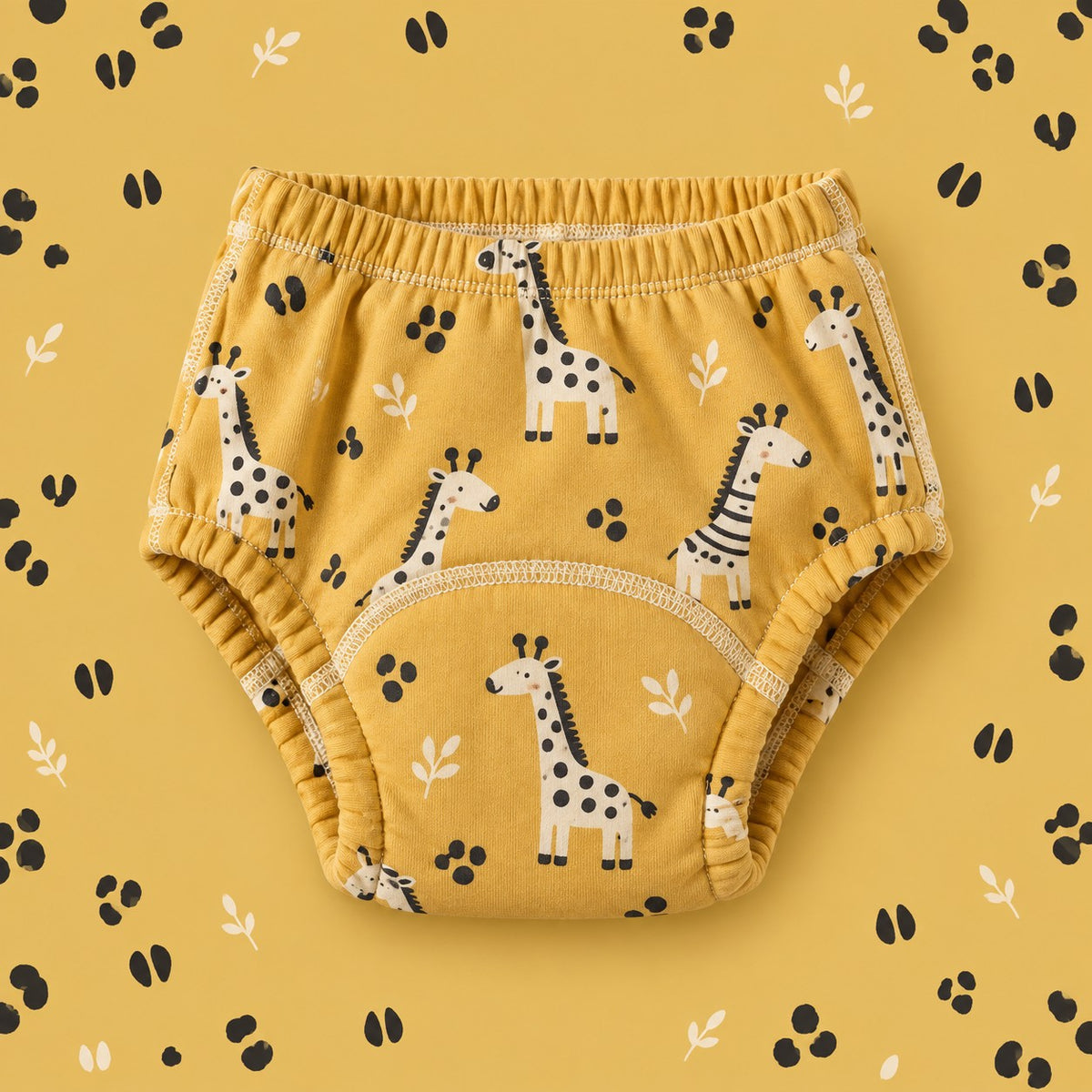 Brave Bottoms training underwear in the Giraffes print: spotted giraffes on mustard yellow
