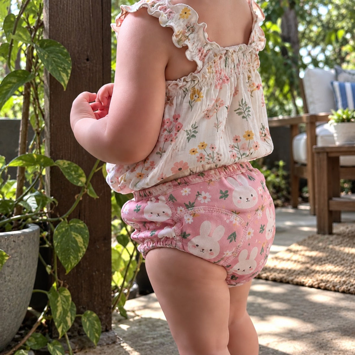 Toddler seen from behind in pink bunny-print training underwear on a sunny garden patio