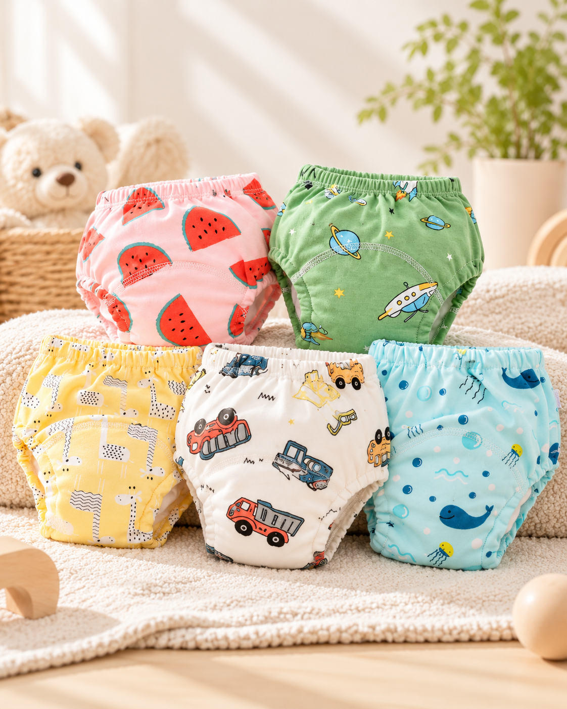 Brave Bottoms potty training underwear in five prints on a nursery bench