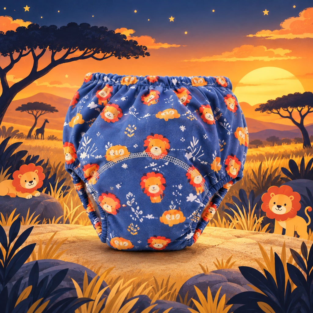 Brave Bottoms training underwear in the Lions print: smiling lions on navy, on a savanna sunset scene