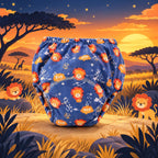 Brave Bottoms training underwear in the Lions print: smiling lions on navy, on a savanna sunset scene