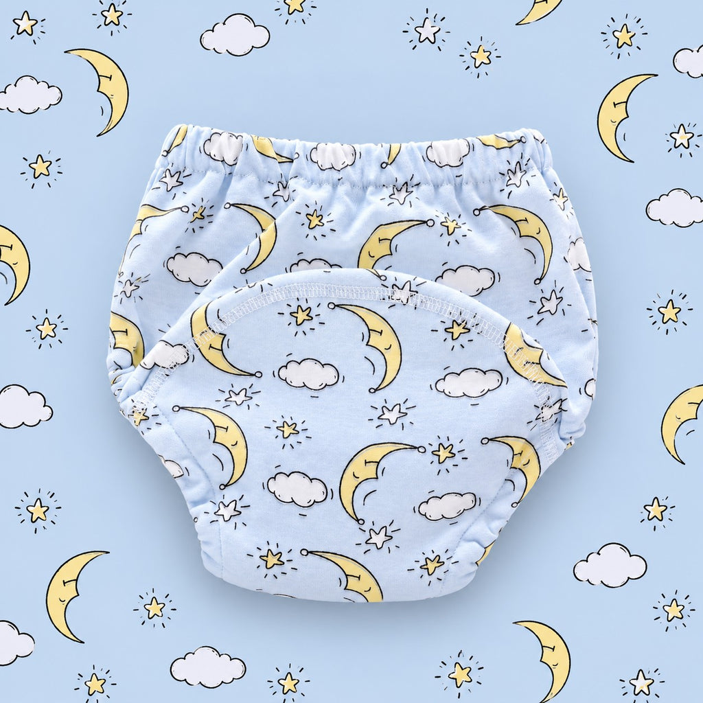 Brave Bottoms training underwear in the Moons print: sleepy crescent moons, clouds and stars on light blue