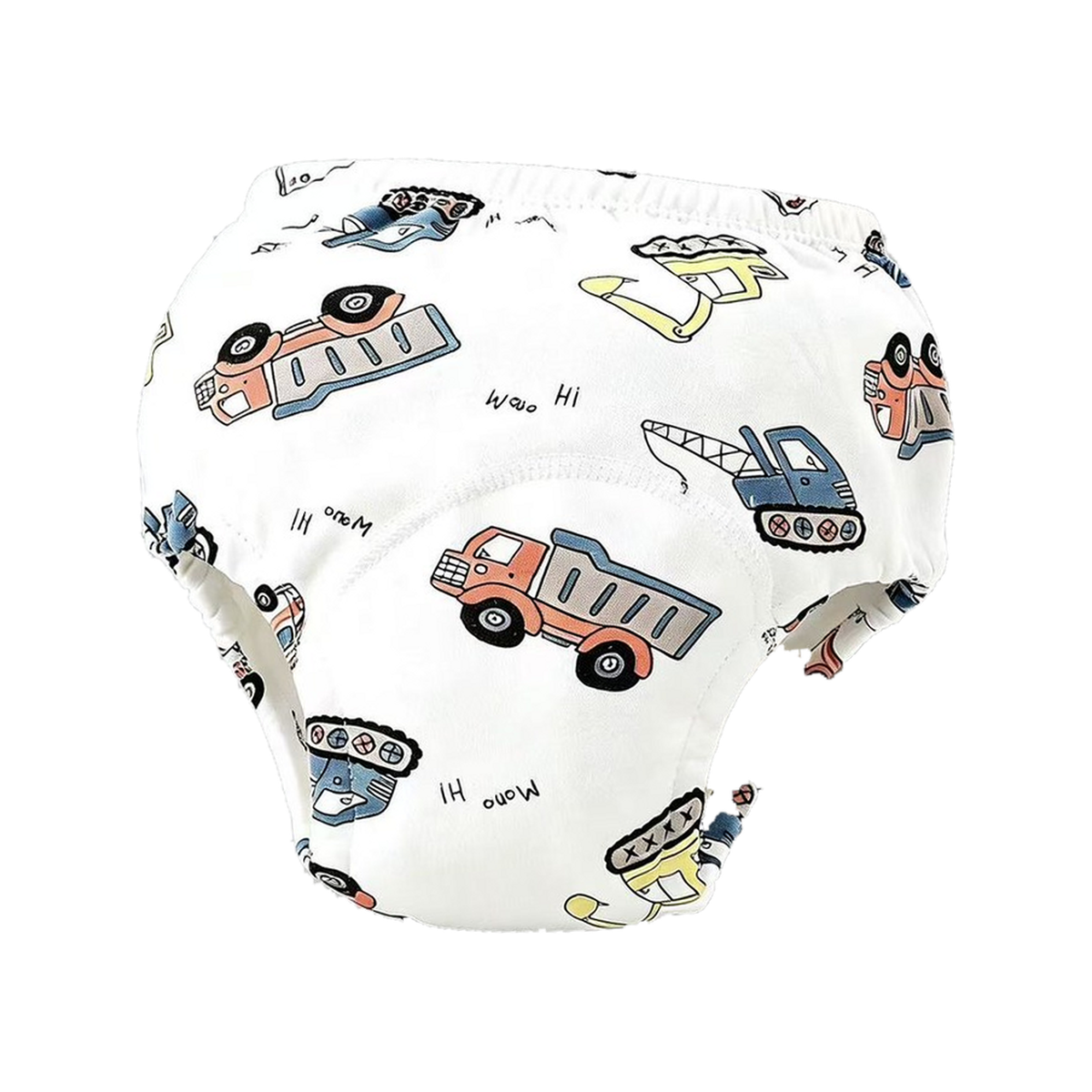 Trucks print: white training underwear with dump trucks, excavators and cranes