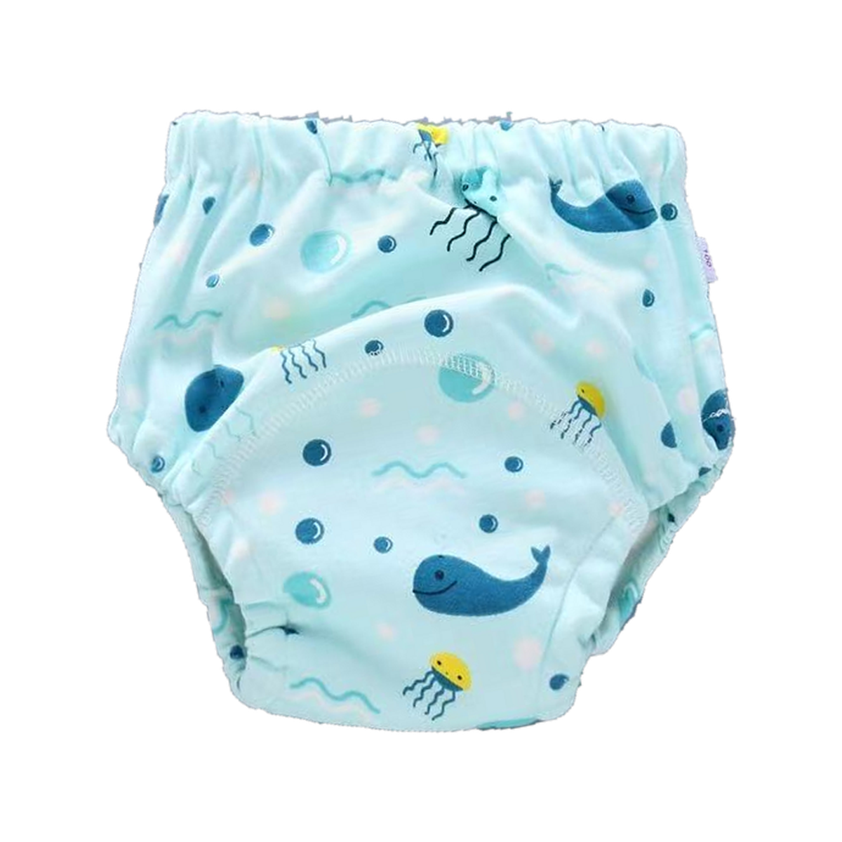 Whales print: aqua training underwear with navy whales and yellow jellyfish