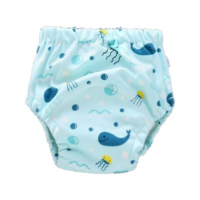 Whales print: aqua training underwear with navy whales and yellow jellyfish