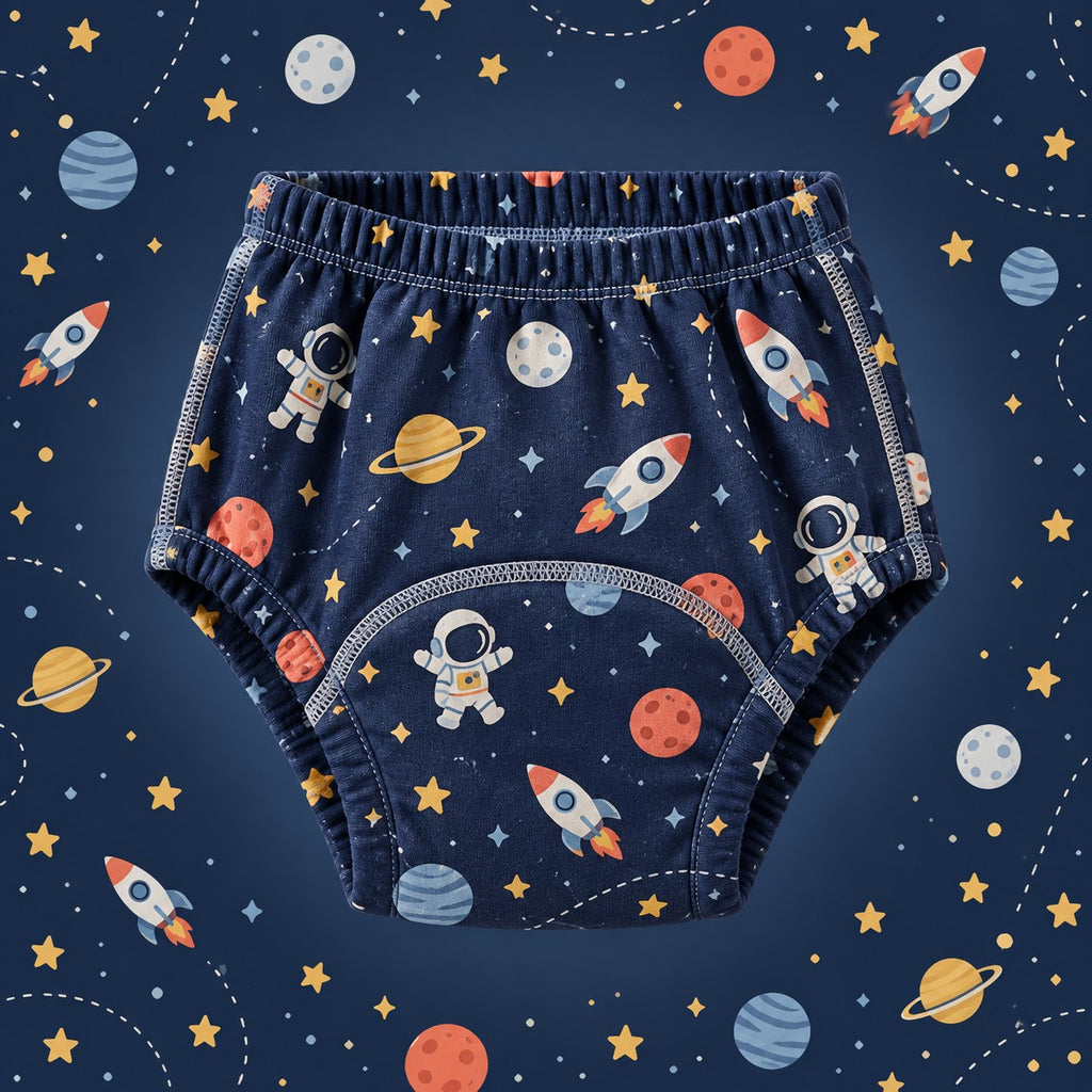 Brave Bottoms training underwear in the Rockets print: rockets, astronauts and planets on navy