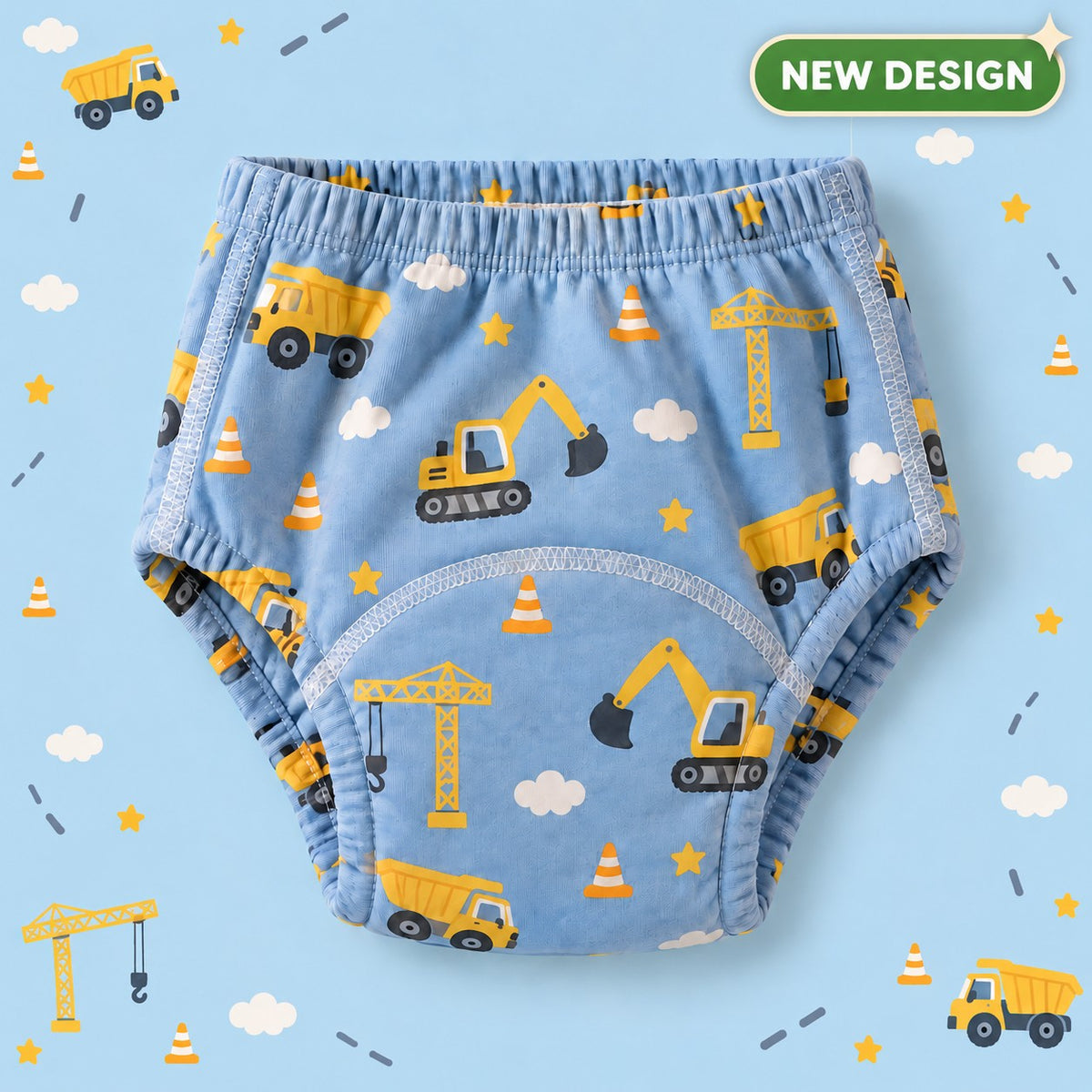 Brave Bottoms training underwear in the Trucks print: dump trucks, diggers and cranes on blue
