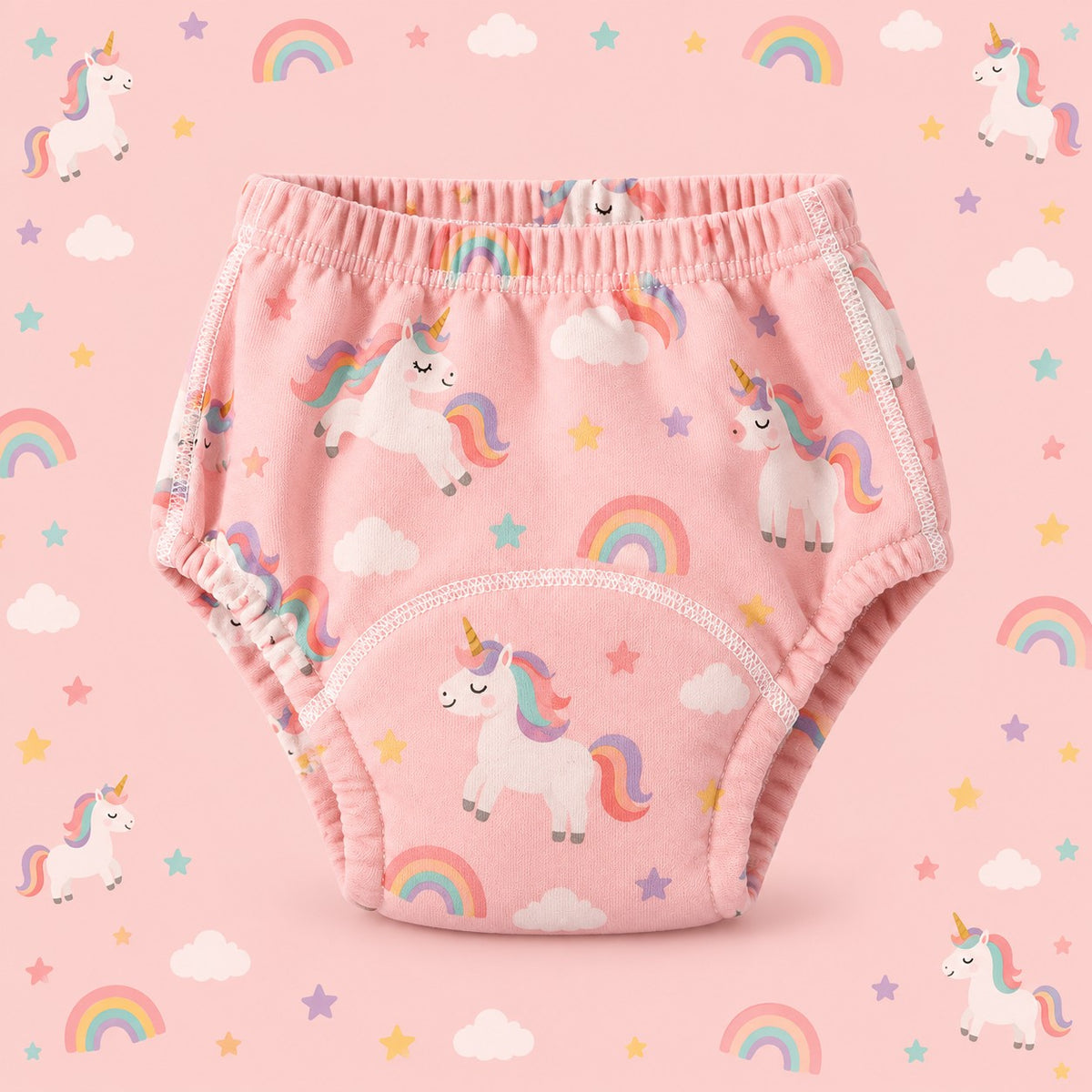 Brave Bottoms training underwear in the Unicorns print: unicorns and rainbows on pink