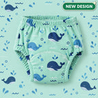 Brave Bottoms training underwear in the Whales print: navy and blue whales on mint