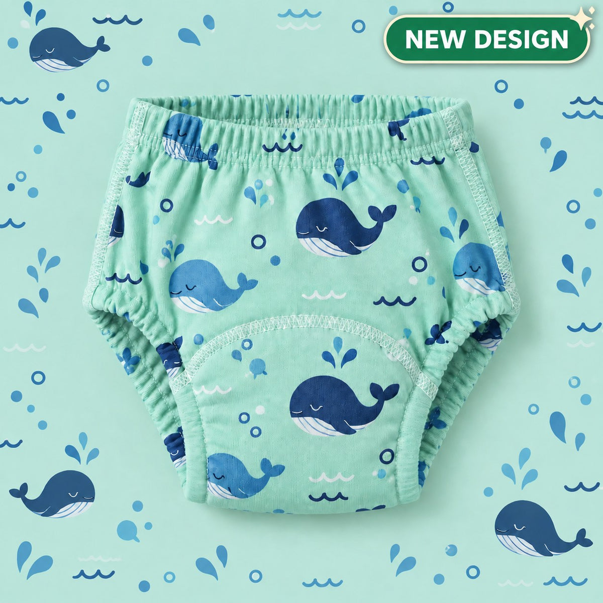 Brave Bottoms training underwear in the Whales print: navy and blue whales on mint